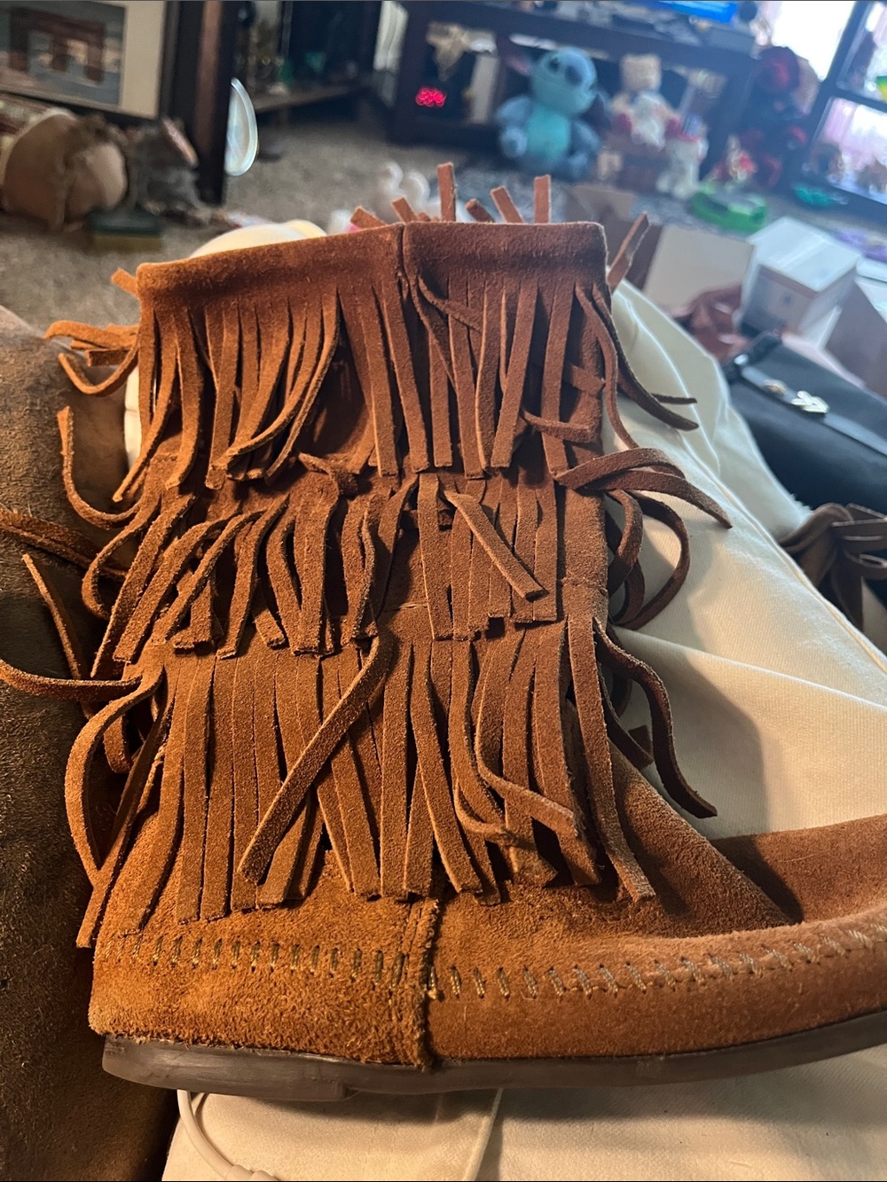 Minnetonka Chestnut Suede Moccasin with Fringe